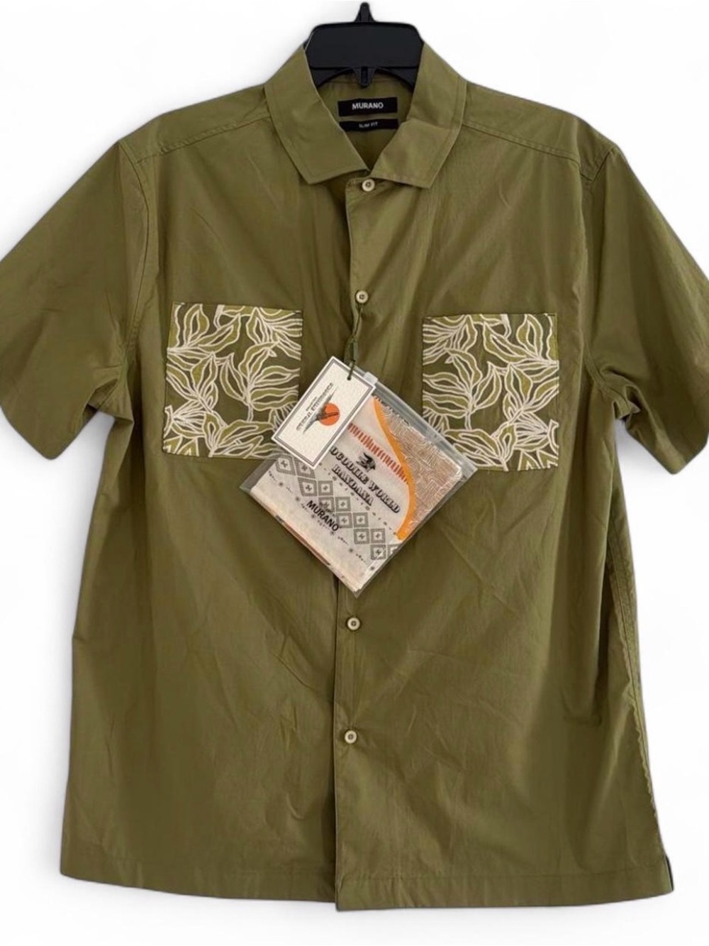 Murano Green Short-Sleeve Button-Down with Patterned Chest Pockets, Size Large